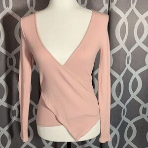 Topshop Pink Ribbed Low Cut V-Neck Long Sleeved Top